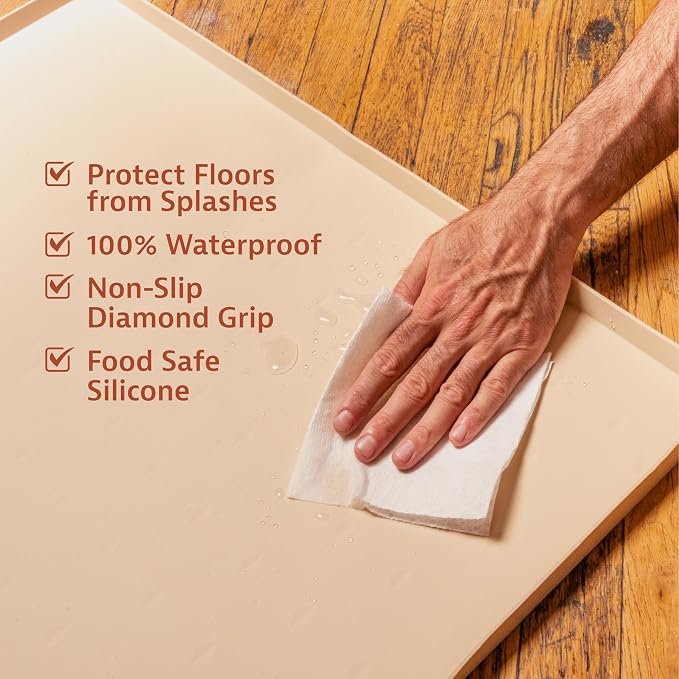 Leash Boss Dog Food Mat - Waterproof Cat & Dog Bowl Mat for Food and Water, Silicone Pet Feeding Mats for Floors, Non-Slip Placemat with High Edges, Puppy Essentials (ML: 20"x13", Beige) - Image 3