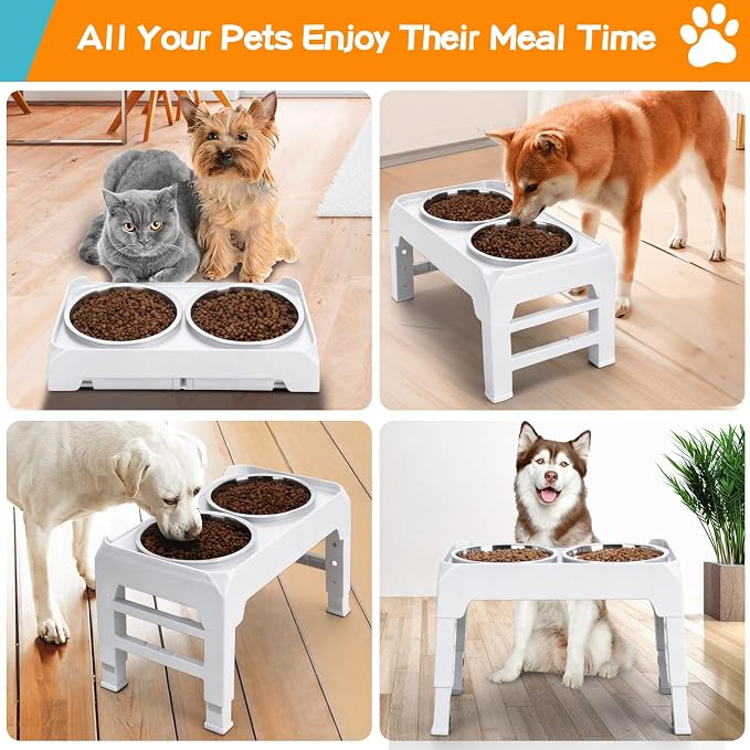 COMESOON Elevated Dog Bowls, 4 Height Adjustable Raised Bowl Stand with 2 Thick 50oz Stainless Steel Food Bowls Non-Slip Feeder Adjusts to 3.7'', 9.2'', 10.75'', 12.36'' White - Image 8