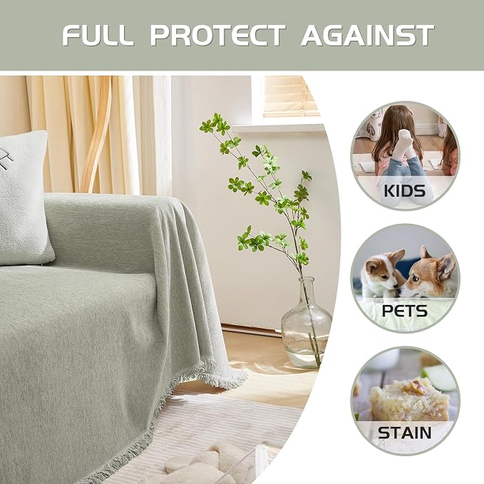 MEETSKY Green Sofa Covers for Dogs - 2 Cushion Chenille Slipcover for Sectional L-Shaped Couch - Pets Protector Furniture Cover, 71" x 134", Sage Green - Image 7