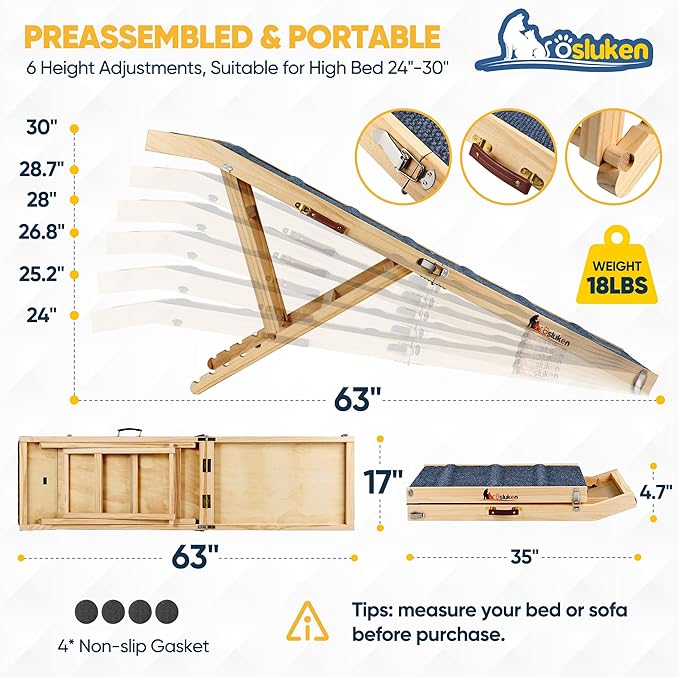 2026 Upgraded Dog Ramp for Bed, 63" Long Foldable Pet Ramp for Small Large Dogs, Dog Ramps for High Beds Car, High Traction with Platform 6 Adjustable Heights 24" to 30" Up to 220LBS, Wood