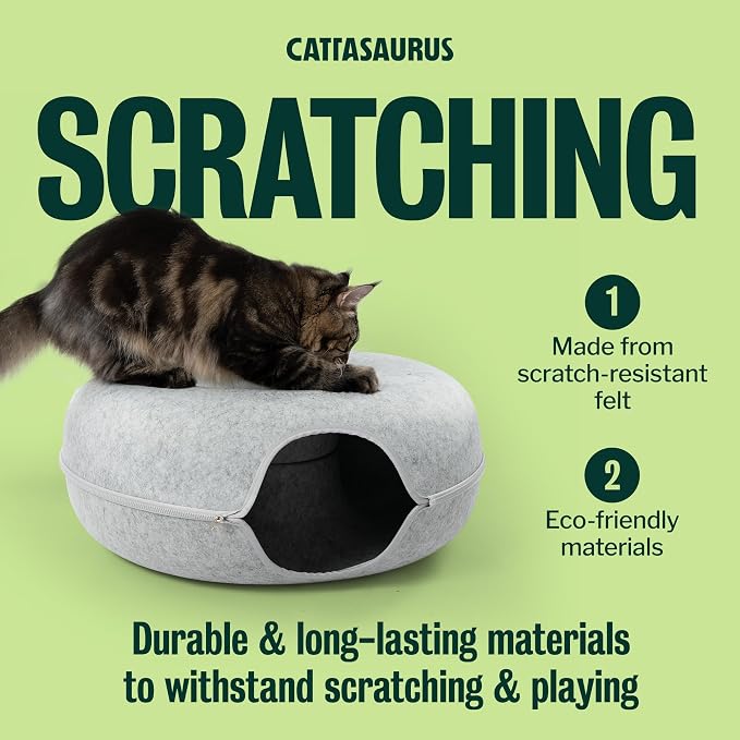Cattasaurus Peekaboo Cat Cave Donut for Multiple & Large Cats up to 30-45 lbs, 3-in-1 Self Warming Cat Bed, Tunnel & Scratcher for Indoor Cats, Washable & Detachable Small Dog Bed (Light Gray, Jumbo) - Image 7