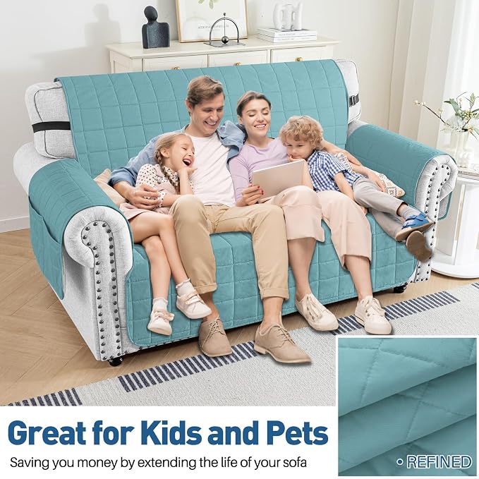 MAXIJIN Waterproof Love Seat Couch Covers 2 Cushion Sofa, 49" Quilted Loveseat Cover Slipcovers for Pets Dog Couch Cover Protector with Elastic Strap & Side Pocket (Loveseat, Clear Blue) - Image 2