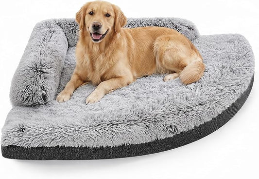 Corner Dog Bed Large, 39" Calming Fluffy Orthopedic Pet Beds, Grey | Space saving plush corner nest,egg-crate foam, washable cover, waterproof liner, non-slip bottom and bolsters for large dogs by Unknown