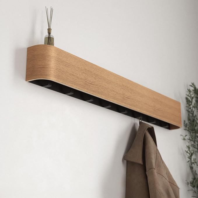 Kazai. Wall-Mounted Coat Rack 'Toke' - Modern Design Coat Rack with Hidden Wall Hooks - Solid Wood Veneer Panel Coat Hanger - Oak - Image 7