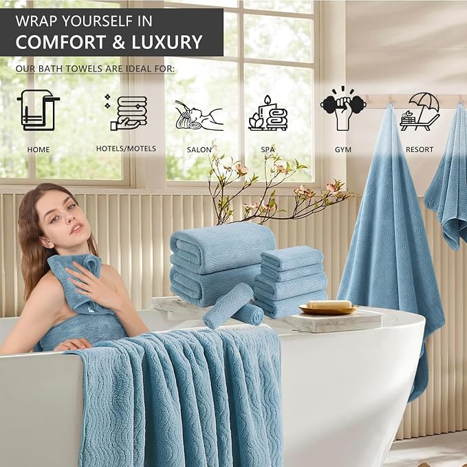 8 Piece Bath Towel Set |2 Oversized Large Bath Sheet,2 Hand Towels,4 Washcloths| Ultra Soft Bath Towel Set for Bathroom Hotel Gym Spa,Highly Absorbent Quick Dry Bathroom Towel Collections,Turquoise - Image 2