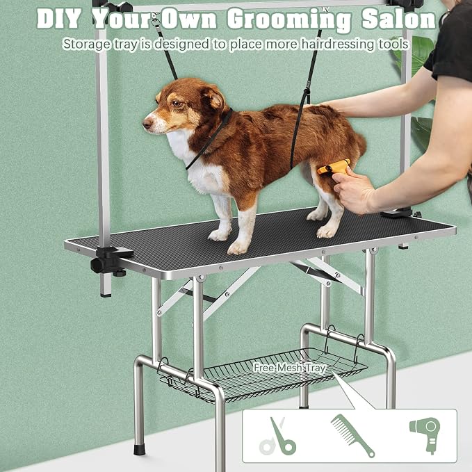 Lyromix 46'' Stainless Steel Pet Dog Grooming Table, Arm/Noose/Tray, Black | Foldable Dog Grooming Table for Dogs at Home, Adjustable Height Arm, Non-Slip Waterproof Tabletop, Capacity 330Lb - Image 7