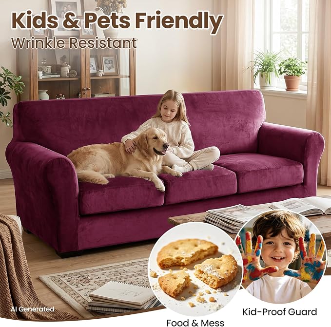 XINEAGE 3-Piece Velvet Loveseat Sofa Cover, Couch Covers for Dog,Wine Red | 2 Cushion Loveseat,Stretch Non-slip Elastic, Pet-friendly, Washable, Fast Setup, Soft Plush Fabric, Furniture Protector. - Image 6