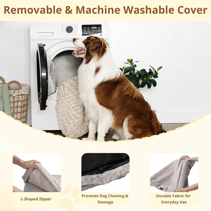 EGOHOME Dog Bed for Large Dogs, Shredded Memory Foam, Washable, Non-Slip | Balanced Support Foam, CertiPUR-US, Removable Washable Cover, Rose Velvet, Dog Crate Bed & Kennel Pad, 35 x 23 Inch, Beige - Image 5