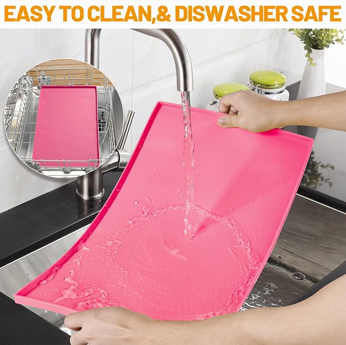 Hubulk Dog Feeding Mat,100% Waterproof Food Grade Silicone Pet Food and Water Bowl Placemat,Dishwasher, High Raised Edge to Prevent Spills,Nonslip Tray to Stop Messes on Floor (19"x12"x0.5", Pink) - Image 7