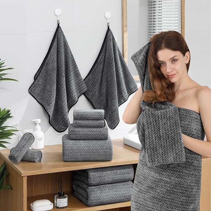Ycosy 18 Piece Bath Towels Set,100% Microfiber Family Bathroom Towel with Hanging Loops-6 Bath Towels,6 Hand Towels,6 Washcloths,Quick Dry Highly Absorbent Shower Towel for Bathroom,Hotel,Spa-Black - Image 4