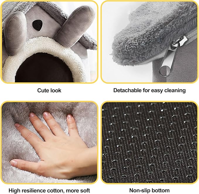 Cat Cave Bed, Warm and Cosy Plush Cat Igloo, Washable Dog Bed with Removable Pillow Cushion, Improve Sleep, Foldable Cat House(S, Grey) - Image 5
