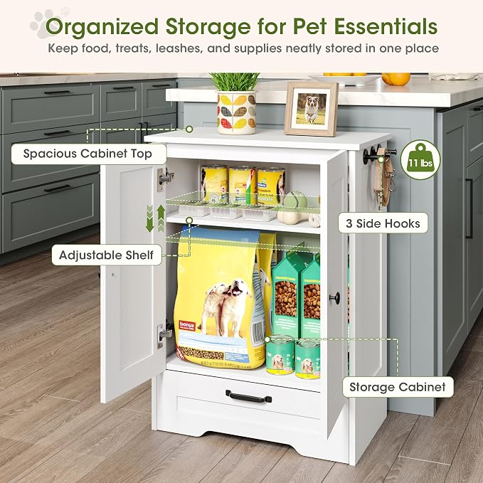 Dog Feeding Station with Storage Cabinet, White Wood Dog Cabinet with 2 Elevated Stainless Steel Bowls, Hidden Pull-Out Feeder Drawer, Pet Feeding Station for Kitchen and Living Room - Image 6