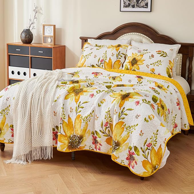 EVENHUG 100% Cotton Quilt Queen Size Yellow Sunflower Bedding Set Floral Lightweight Quilt Reversible Coverlet Bedspread with 2 Pillow Shams All Seasons 3 Pieces (92"x96") - Image 2