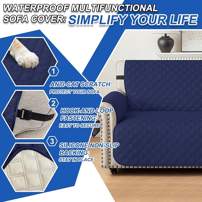 Waterproof Chair Covers for Living Room, Sofa Covers for Pets Washable with Side Pockets, Non Slip Couch Covers for Dogs, Quilted Dog Couch Cover with Elastic Straps (Armchair, Navy Blue) - Image 6