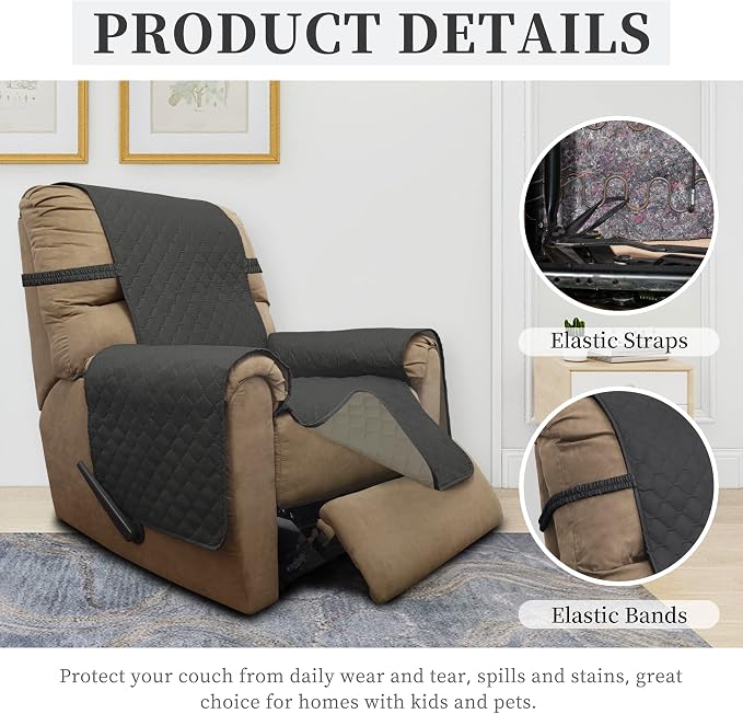 ISSUNTEX Double Protection 100% Waterproof Recliner Covers for Living Room, Reversible Furniture Protector Recliner Couch Sofa Slipcover for Dogs, Pets, Kids (Recliner, Dark Gray/Beige) - Image 5