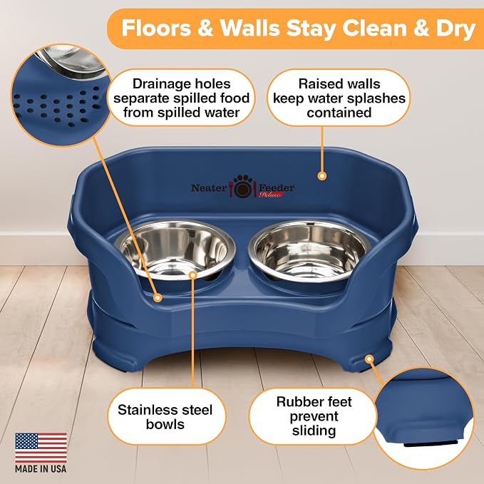 Neater Pet Brands Neater Feeder Deluxe Mess Proof Cat Bowls Elevated, Made in USA, No Spill Raised Bowls for Indoor Cats, Stainless Steel Food and Water Bowl Set, Pet Dish Feeding Station, Dark Blue - Image 4