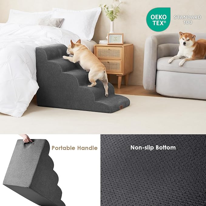 EHEYCIGA Curved Dog Stairs Ramp for High Beds, 5-Step Extra Wide Dog Steps for Small Dogs and Cats, Pet Stairs for High Bed Climbing, Non-Slip Balanced Pet Step Indoor, Grey - Image 5