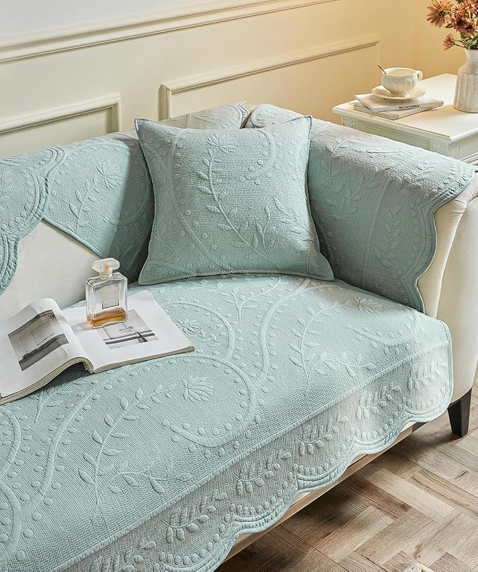 Leaf Floral Cotton Quilted Dog Couch Cover for Sofa Farmhouse Rustic Embroidered Sectional Couch Cover Soft Anti-Slip Sofa Slipcover Furniture Protector for Kids, Pets (Blue,43"x43") - Image 6