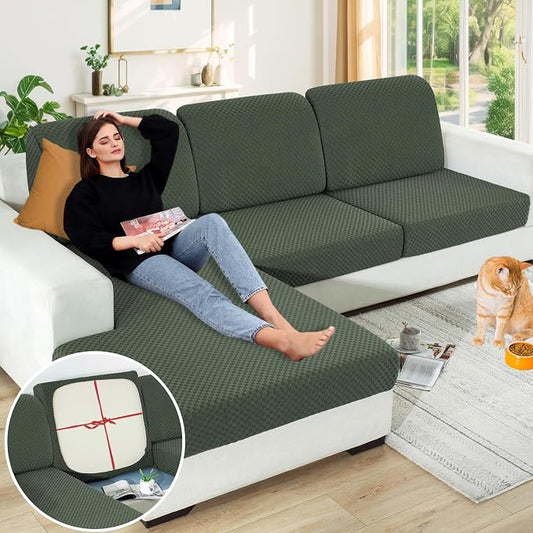 【Clearance】 Sectional Couch Covers for L Shaped Chaise Lounge 1 Piece Separate Cushion Couch Universal Replacement Large Checkered Furniture Protector with Elastic Bottom (Chaise Cover, Army Green) by YEMYHOM