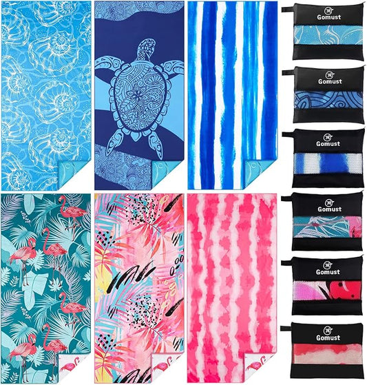 Microfiber Beach Towel Oversized 71x32 Multiple with Bag 6 Pack Bulk | Thin Lightweight Sand Free Absorbent Quick Dry Large for Travel Pool Swim Bath Cruise Sports Camping Essentials Adults Gifts by Gomust