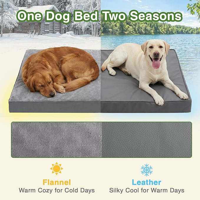 Waterproof XXL Dog Bed, Outdoor Washable Large Foam Crate Pad 48" Anti-Slip | Jumbo Pet Bed, Reversible Faux Leather & Flannel, Durable Removable Cover, Kennel Pad 47"x29" Gray - Image 4