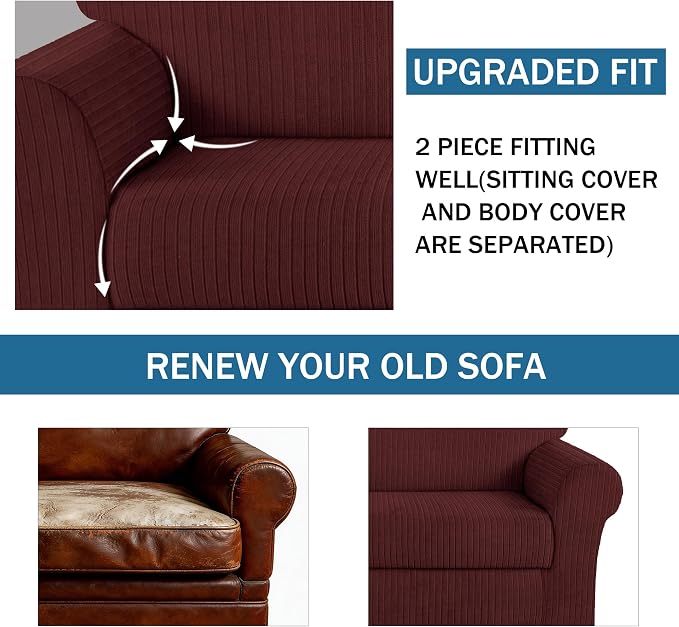 Armchair Cover Stretching Skid Resistance Couch Cover for Pets Washable, Thick and Durable Soft High Spandex Striped Pattern Sofa Covers, Form Fitted Chair Slipcover(Armchair, Burgundy) - Image 4