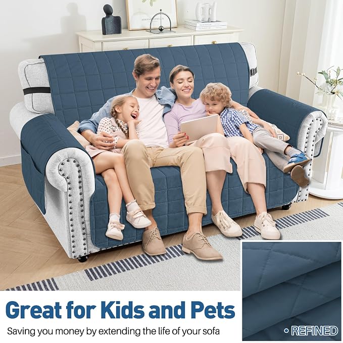 MAXIJIN Waterproof Love Seat Couch Covers 2 Cushion Sofa, 49" Quilted Loveseat Cover Slipcovers for Pets Dog Couch Cover Protector with Elastic Strap & Side Pocket (Loveseat, Berlin Blue) - Image 2