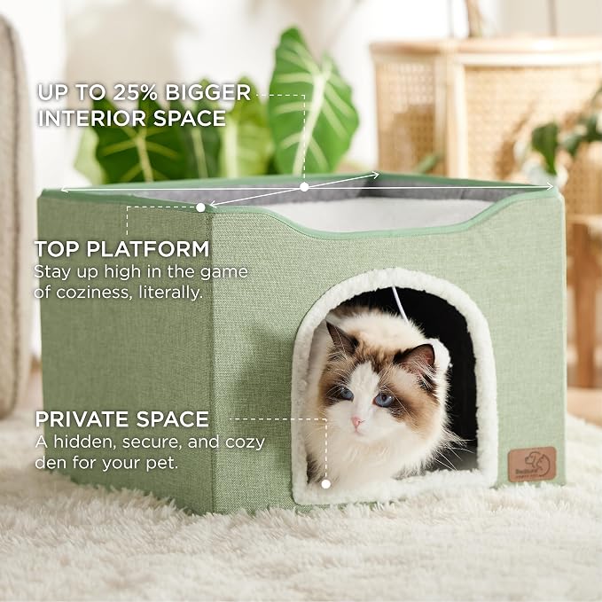 Bedsure Cat House Bed for Indoor Cats with Fluffy Ball and Scratch Pad | Green,16.5x16.5x13 in,Large Cat Cave for Multiple Pets,Foldable Cat Hideway Cube for Sleeping Kitten - Image 2