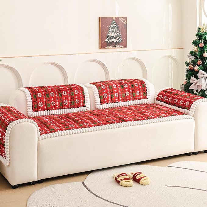 Plush Warm Sofa Cover, Pet Couch Cover for 2-3 Seater Sofas, Sofa Covers for Pet Washable, Non-slip Christmas Couch Covers for Pets, Dog Couch Protectors for Christams(1PC,Light Red,27.6"×70.9") - Image 2