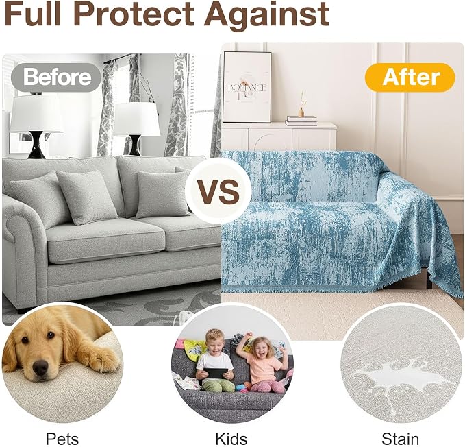 hyha Couch Cover for Dogs, Boho Chenille Sofa Cover for 3 Cushion Couch | Anti-Scratch Washable Sofa Slipcover, Loveseat Sectional Couch Throw Blankets with Tassels (Blue/White, 88.5x150 Inch) - Image 3