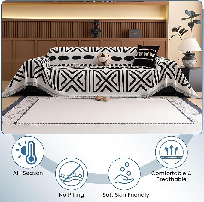 STACYPIK Modern Geometric Sofa Cover for Pets Dogs Non Slip Couch Cover Black White Furniture Protector for L-Shaped Sectional Boho Couch Cover for 3 Cushion Couch Multi-Use Sofa Slipcovers-71X150IN - Image 3