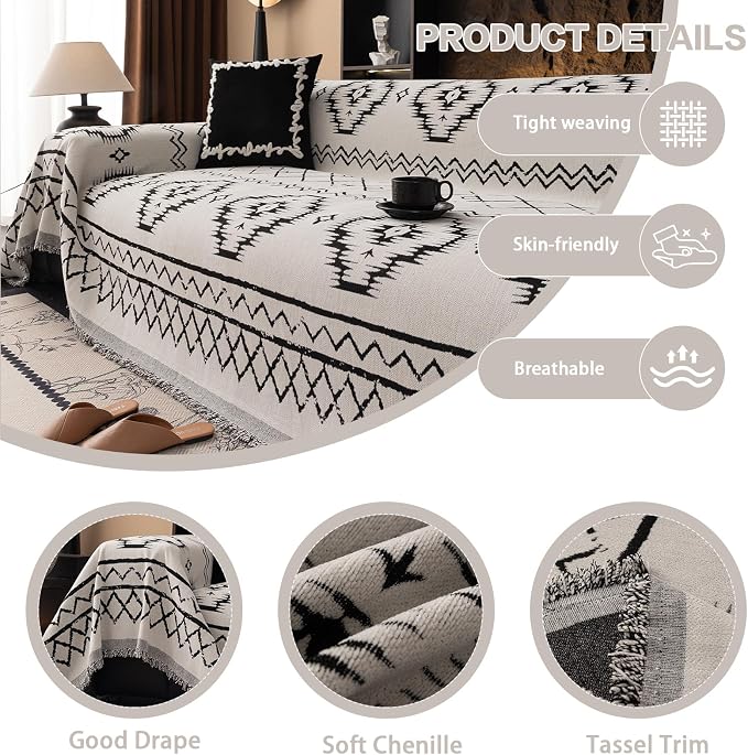 DREAMINGO Boho Couch Cover Sofa Covers for 3 Cushion Couch Jacquard Chenille Couch Cover Blanket Living Room Pet Furniture Protector Sectional Couch Covers for Dogs Washable, White, 71"x134" - Image 3