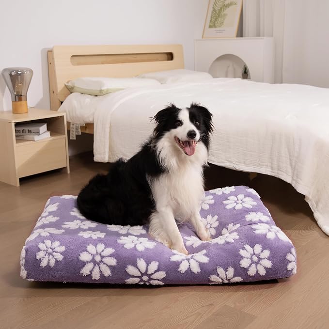Cute Fluffy Dog Beds for Small Medium Dogs, 30"x 20", Purple Flower | Thick Dog Bed for Crate Kennel, Pet Bed with Removable Washable Cover, Anti-Slip Bottom - Image 2