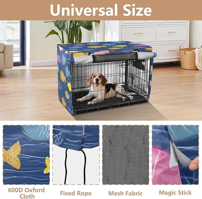 Dog Crate Cover Kennel Cover for Dog Cages Breathable for Wire Cage Indoor Outdoor Blue Water Ripple and Fishes - Image 4