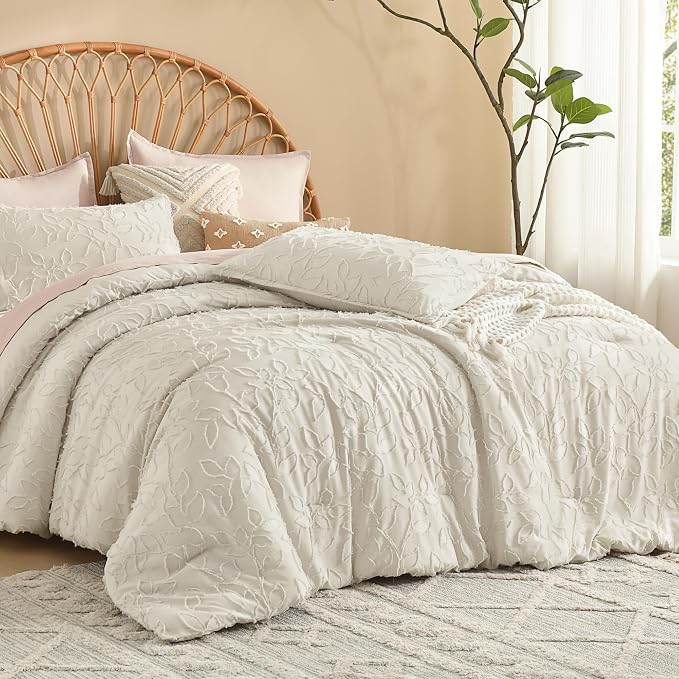 Litanika King Size Comforter Set Beige, 3 Piece Cream Boho Tufted Bedding, Fluffy Farmhouse Bed Set for All Season with 2 Leaf Pattern Pillowcases（104x90In） - Image 2