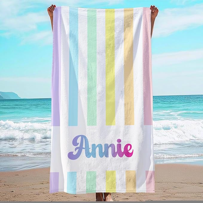 JML Personalized Beach Towel with Name, Custom Rainbow Cabana Stripe Beach Towel, Customized Microfiber Pool Towel, Quick Dry & Absorbent Swim Towel for Adult,Anniversary, Birthday, Summer Holiday by JML
