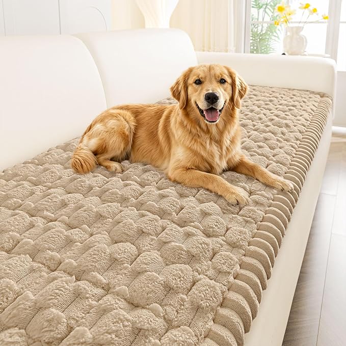 Smiry Non Slip Couch Covers for Dogs, Scratch Resistant Pet Sofa Protector | Machine Washable Soft Fuzzy Thick Furniture Cover for Sofa Loveseat Sectional Large Dogs, Khaki, 27.6" x 59" by Smiry
