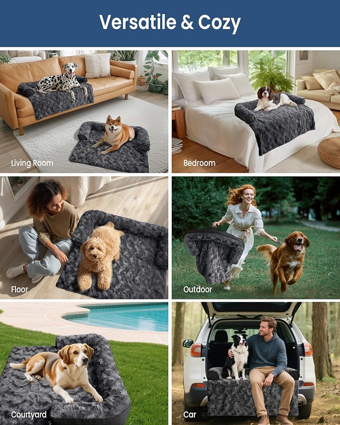 Calming Large Dog Couch Bed, Waterproof Memory Foam with Durable Fluffy Fuzzy Mats, Washable Removable Cover Protector for Sofa, Bedside, Gift, 41 x 37 Inches, Dark Grey - Image 6