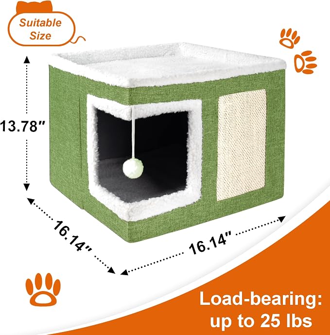 Loyareal Cat Houses for Indoor Cats - Large Cat Bed Cave with Scratch Pad and Fluffy Ball, Foldable Cat Condo Hideaway with Reversible Cushion for Multi Small Pet, Green - Image 3