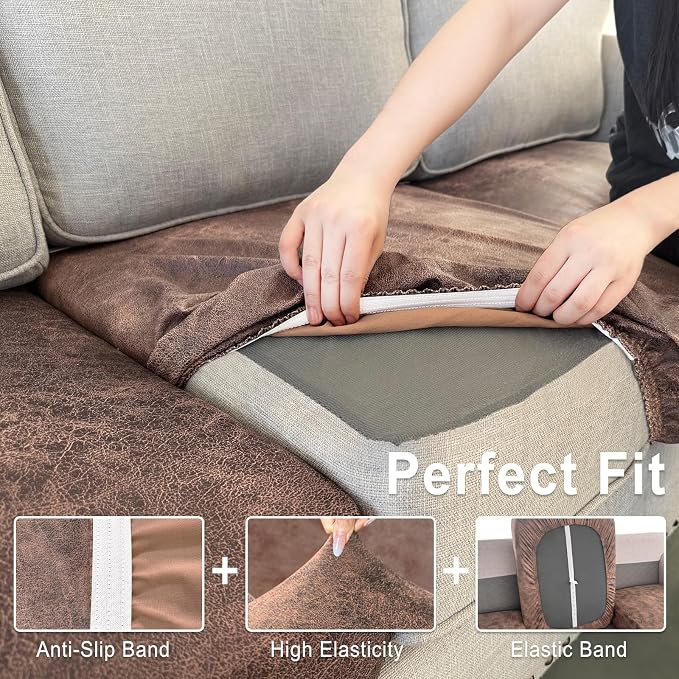 ANARACHON Leather Look Couch Cushion Covers Sofa Seat Slipcovers Sets Couches Furniture Protector for Sectional Armchair Loveseat Pets Kids Stretch Spandex Fabric (3 Cushion Sofa, Light Brown) - Image 4