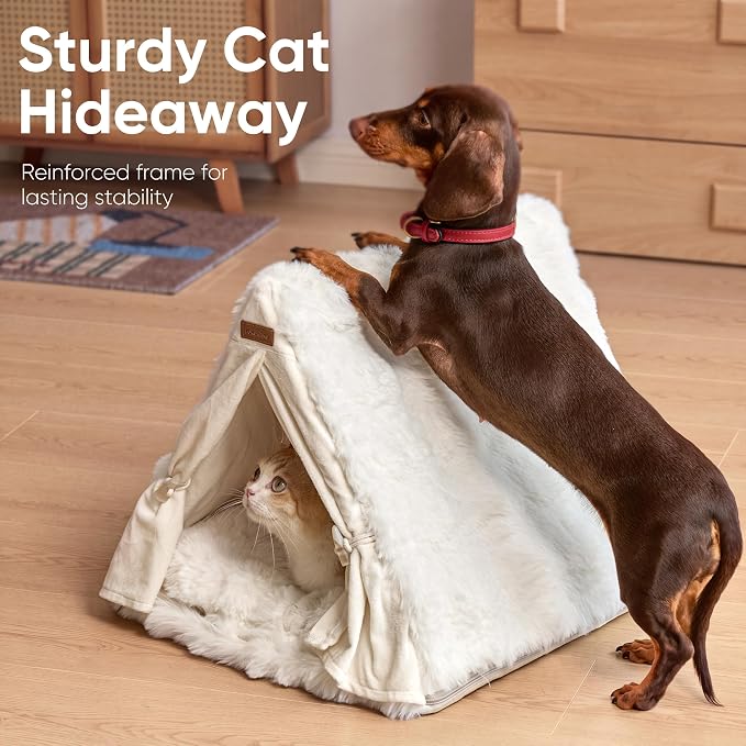 FUKUMARU Cat Cave Bed, Sturdy Frame Washable Cat Tent Bed with Curtain | Semi-Enclosed Cat Hideaway for Anxious Cats, Large Cozy Cat House for Indoor Cats, Soft Plush Covered Dog Bed, Cream - Image 3