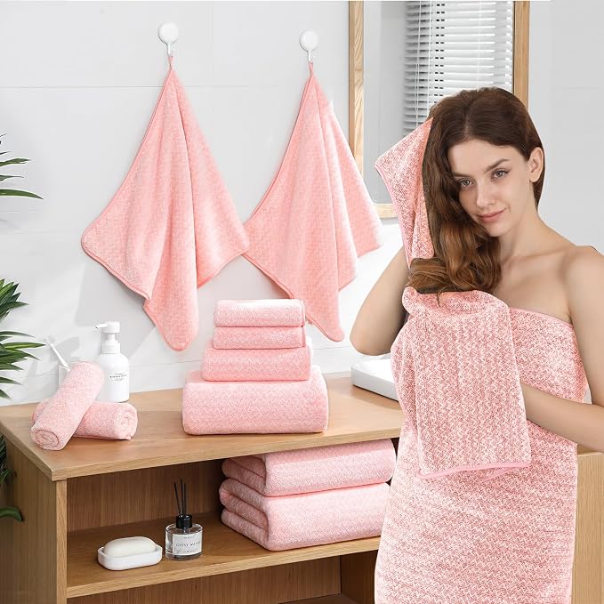 Ycosy 18 Piece Bath Towels Set,100% Microfiber Family Bathroom Towel with Hanging Loops-6 Bath Towels,6 Hand Towels,6 Washcloths,Quick Dry Highly Absorbent Shower Towel for Bathroom,Hotel,Spa-Pink - Image 4