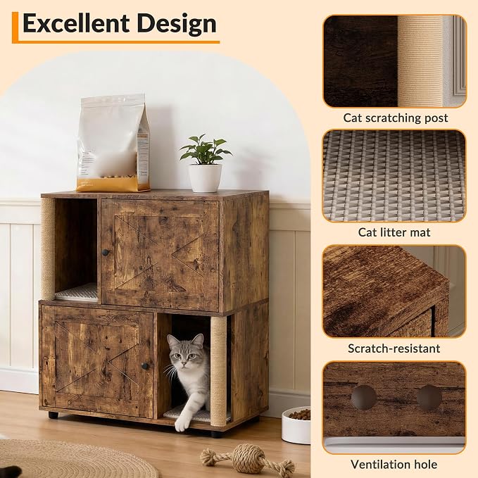 Litter Box Cabinet, Hidden Cat Litter Box Furniture with Dual Compartments, Odor Control & Scratch-Resistant Panels, Compact Enclosure for Multiple Cats, White Black Grey - Image 4
