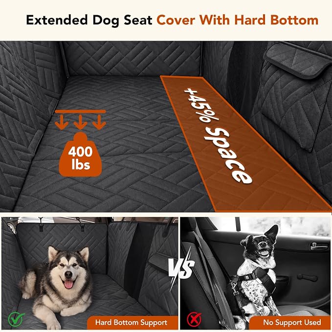 Dog Car Seat Cover, Hard Bottom Back Seat Hammock Waterproof 400lbs | 600D scratch-resistant oxford, non-slip base, breathable mesh window, storage pockets, machine washable, fits most vehicles - Image 2