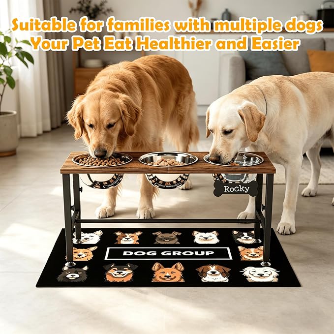 ADENGL Triple Elevated Dog Bowls Stand for Multiple Dogs, 3 Height Adjustable Raised Dog Bowl Stand with 3 Stainless Steel 1700ml(58oz) Bowls & Wood Tray & Mat - Image 3