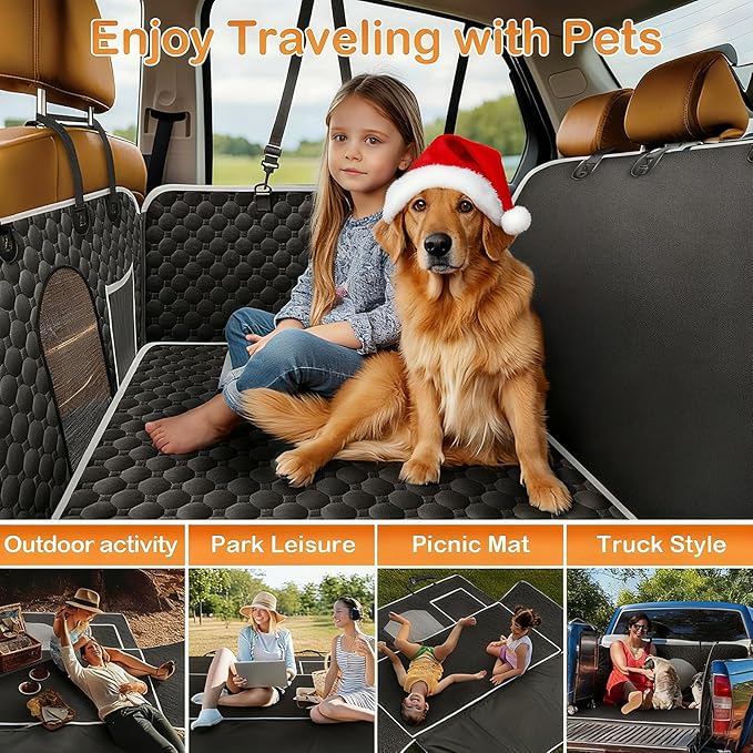 Mancro Back Seat Extender for Dogs with Detachable Mat,Hard Bottom Car Seat Cover for Dogs Supports 400lbs, Waterproof Dog Car Seat Cover for Back Seat, 600D Scratch-Proof Dog Hammock for Car,Black