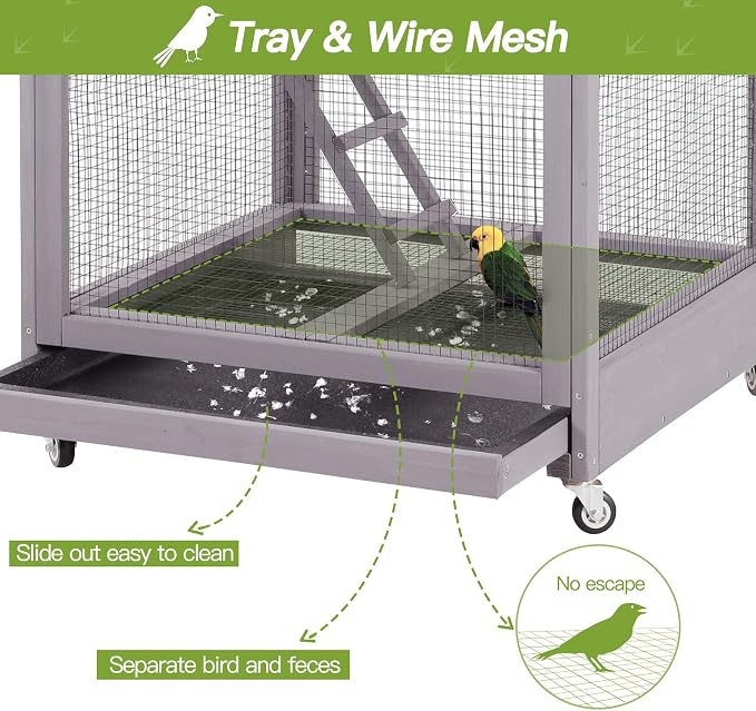 GUTINNEEN Outdoor Bird Aviary Wooden Large Bird Cage on Wheels, Featuring Play Stand, Perches, Nest Habitat, Include Wire Mesh Above Bottom Tray Easy to Clean | waterproof asphalt roof,32.7"x30.9"x70.8",slide-out tray with wire mesh,4 stainless steel w... - Image 3