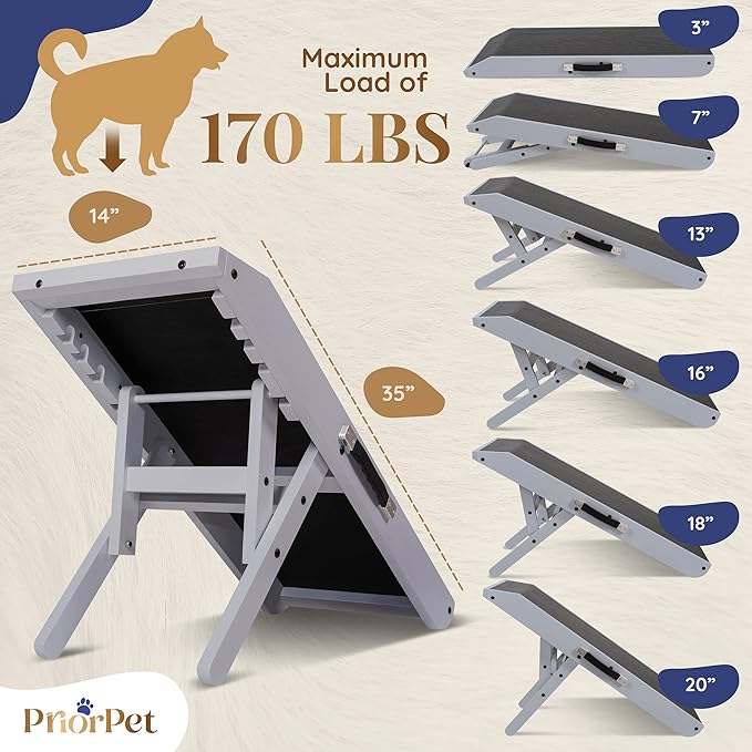 Dog ramp for Couch – Non-Slip, Sturdy Build Foldable Dog ramp – Supports up to 200lbs – Adjustable 7'' to 20'' – Landing Platform Seamlessly Connects – Birchwood Pet Ramp for Small Dogs – Gray