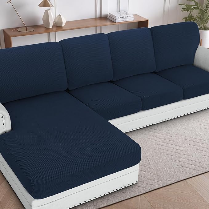 H.VERSAILTEX Sectional Couch Covers 4 Pieces Sofa Seat Cushion Covers L Shape Separate Cushion Couch Chaise Cover for Both Left/Right Sectional Couch (Seat Only: 1 Chaise + 3 Sofa, Navy) by HVERSAILTEX