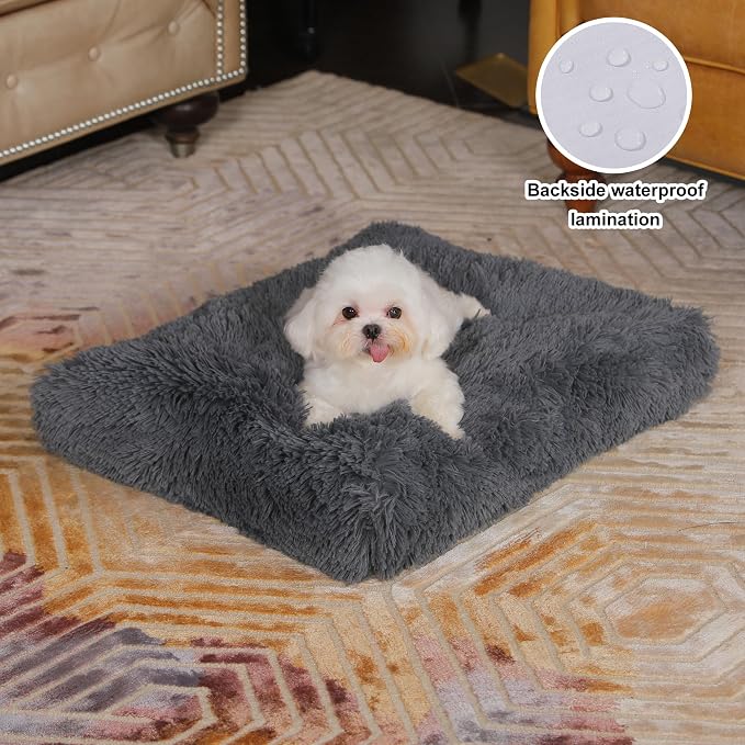 Bedfolks Waterproof Crate Bed, Plush Dog & Cat Kennel Pad, Faux Fur, Washable, 23"x18", Dark Grey - Image 2